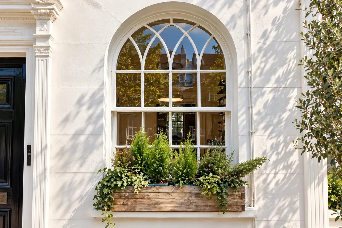 An arched timber sash window with Gothic glazing bars in a white stucco front, with a planted window box