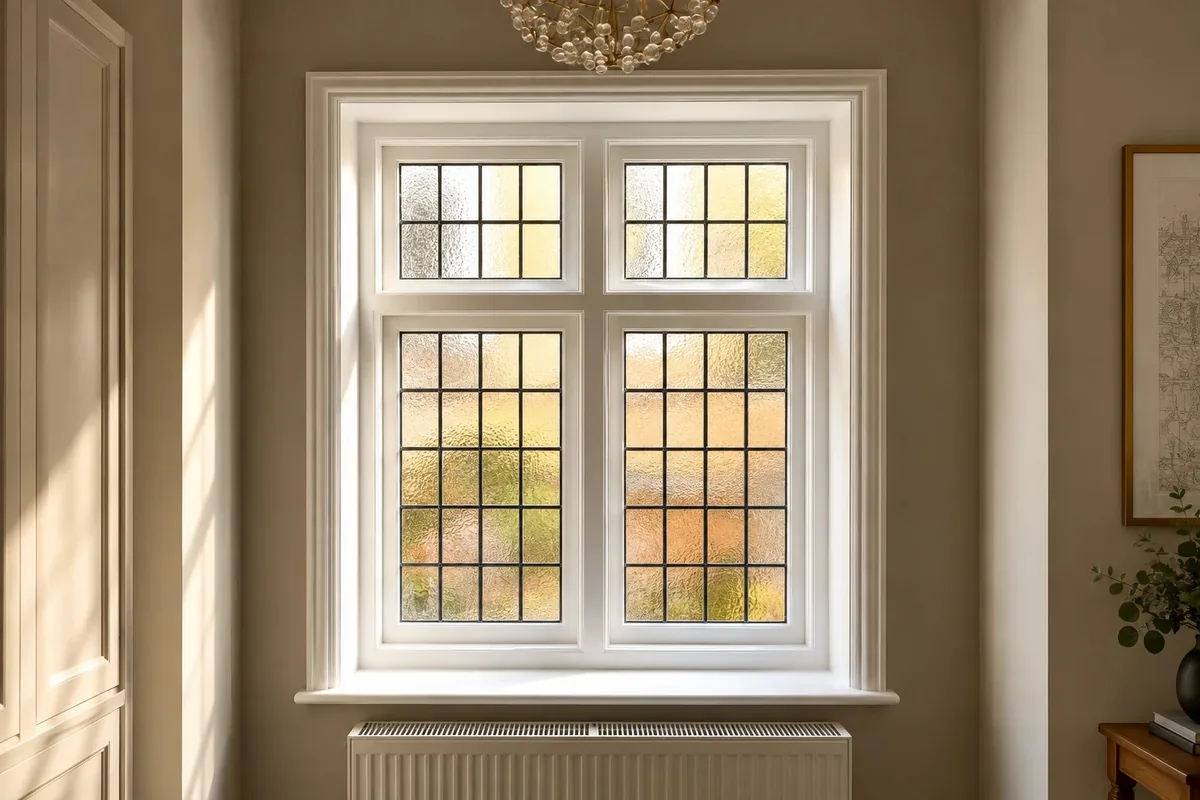 A white timber casement window with leaded, textured glass in a period room