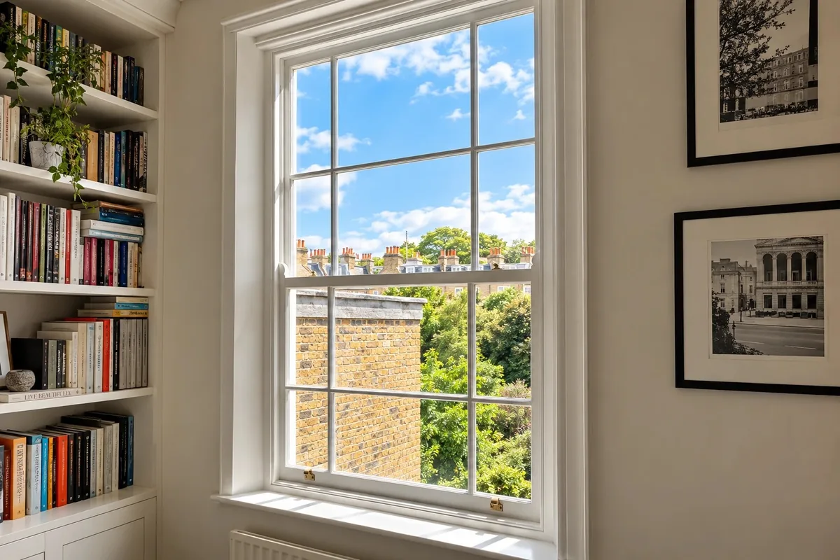 A white timber sash window beside bookshelves, looking out over London rooftops