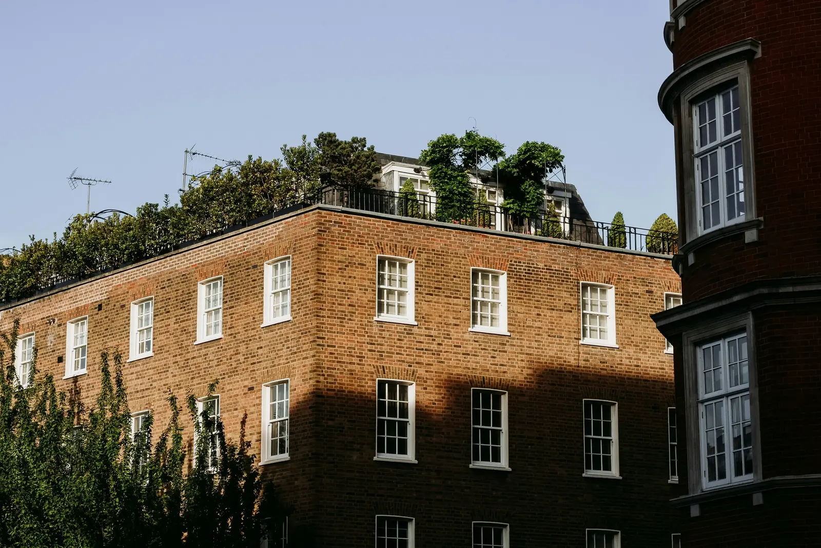 A red-brick mansion block with white six-over-six sash windows in low evening light