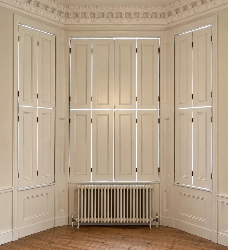 Panelled timber shutters closed across a three-sided bay window, with a cast-iron radiator below