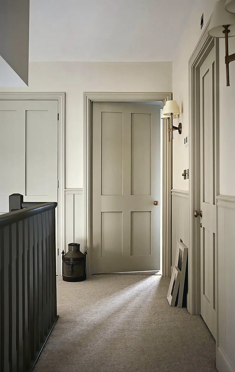 A pale hallway with panelled doors and a stair rail